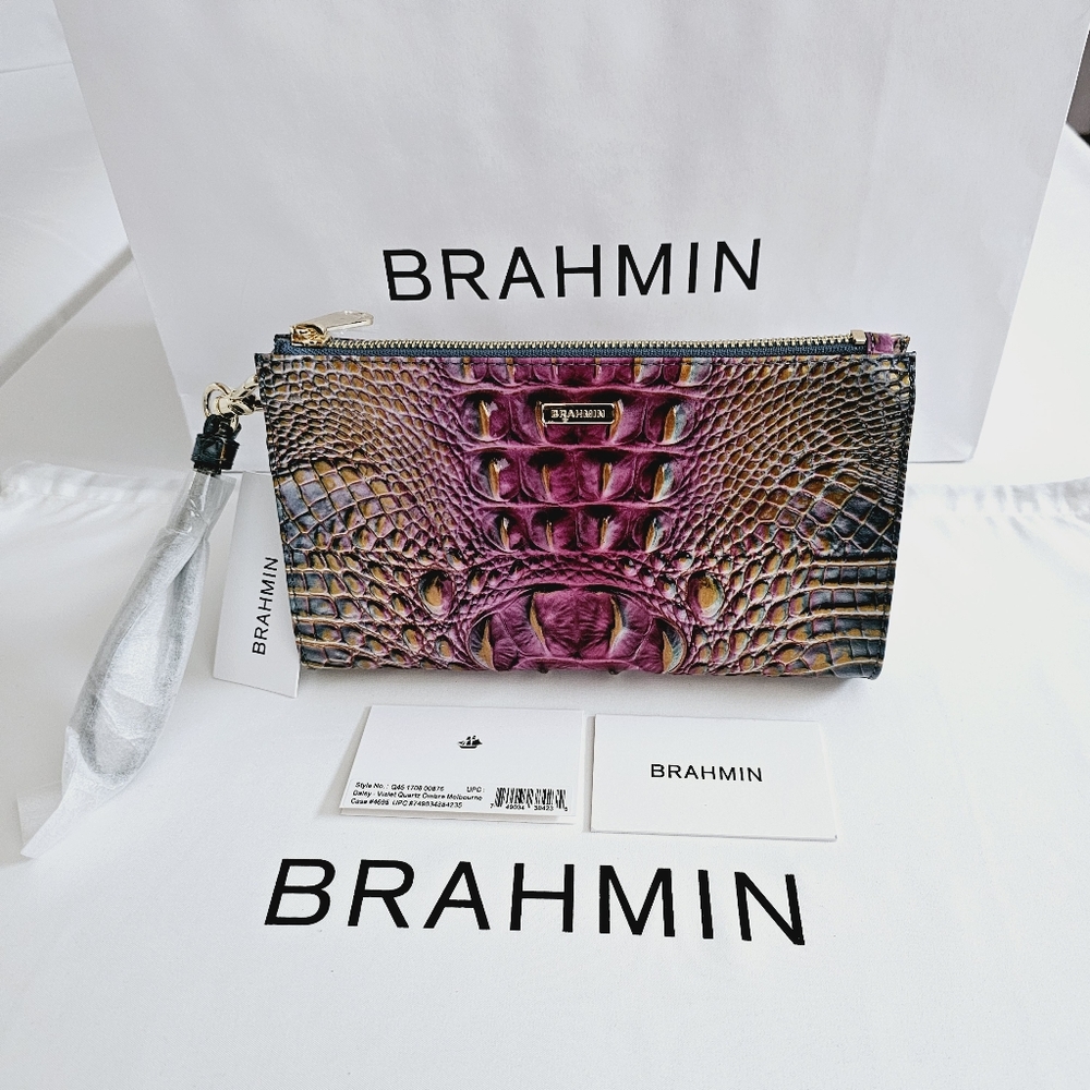 Brahmin Purple Brown Embossed Leather Wristlet Clutch - Picture 2 of 16